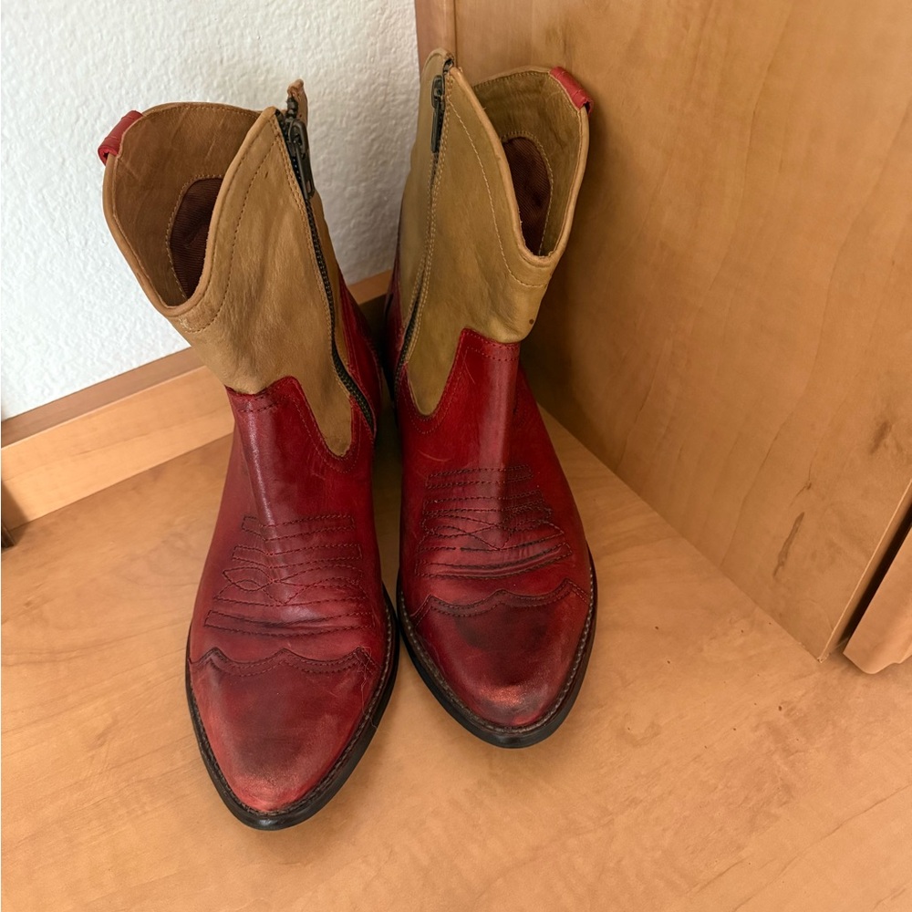 Red and Tan Women's Western Ankle Boots
